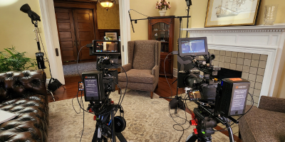Cameras set up for a corporate film shoot.