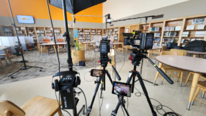 Library at Mercy McAuley High School used in a commercial video production project.