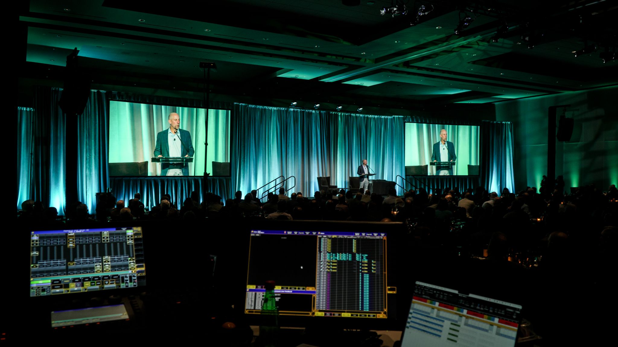 Stage setup and lighting for Badger's annual sales meeting at Talking Stick Resort