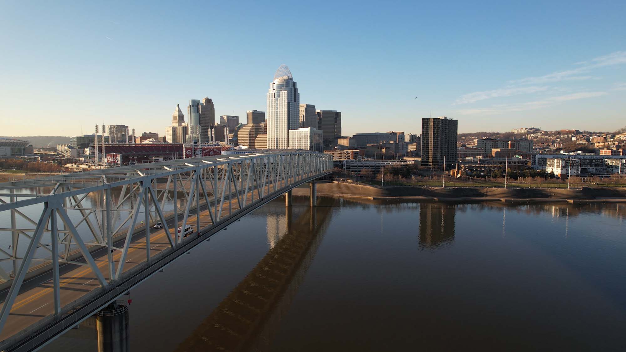 Drone footage of an ERV going across a bridge into downtown Cincinnati.