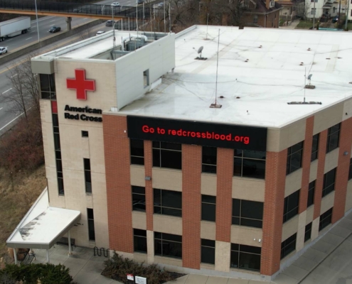 Drone footage of the American Red Cross on Dana Avenue.