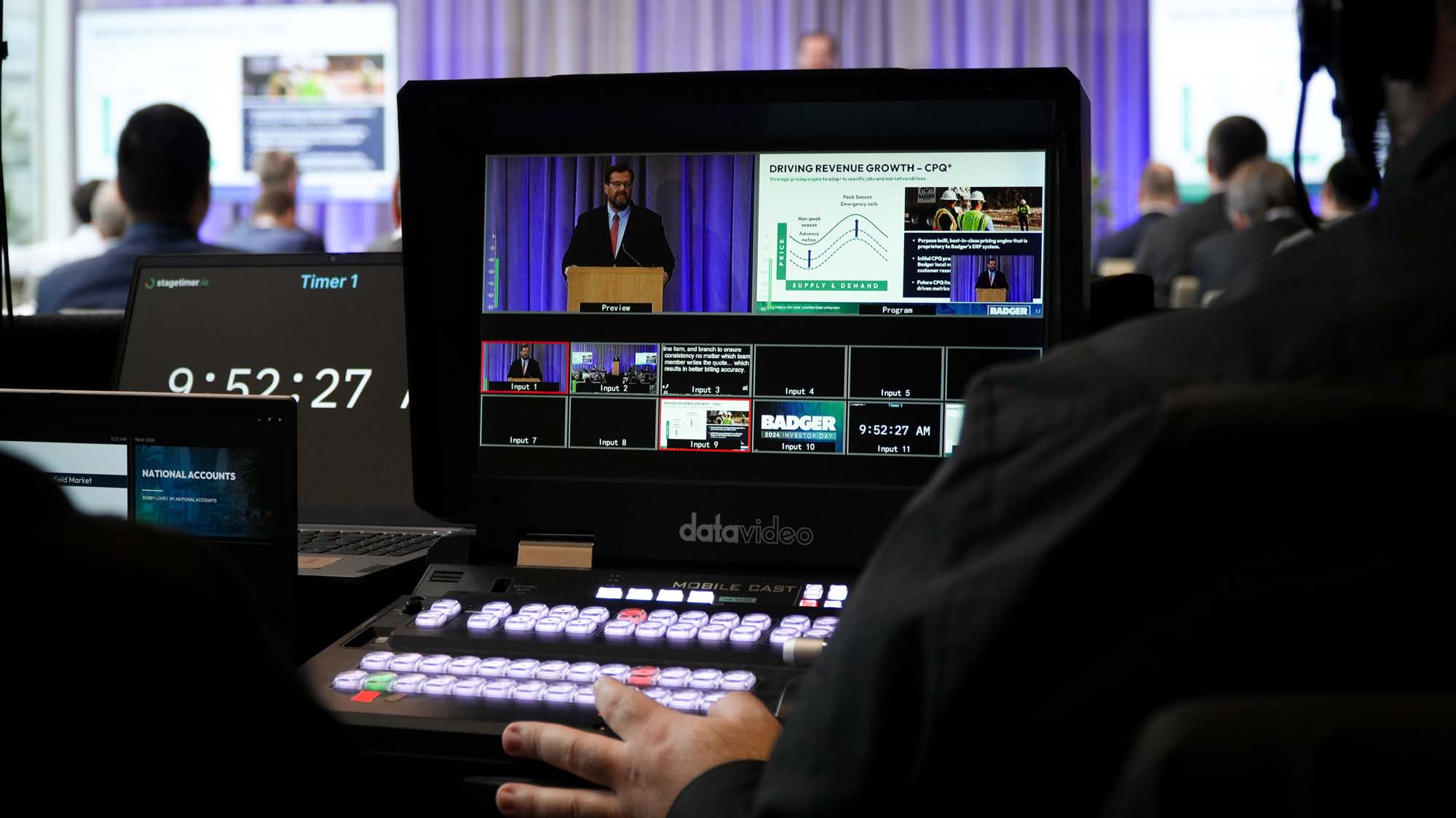 BTS image of the Datavideo switcher for Badger's 2024 Investor Day meeting.