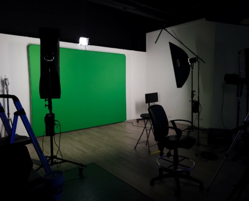 Green screen setup as part of a studio video production for Home City Ice.